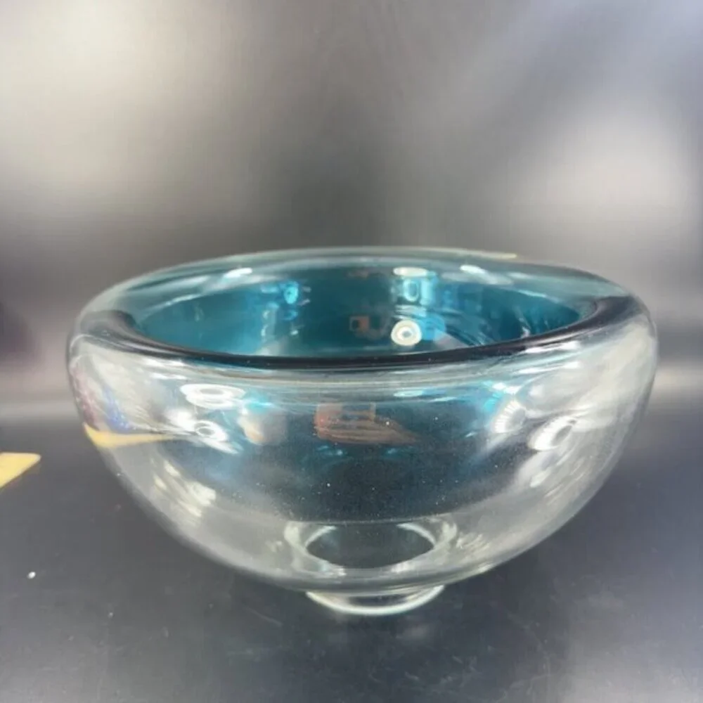 Hollow Cyan Blue Crystal‎ Vacuum Formed Double Wall Glass Bowl Dish Centerpiece